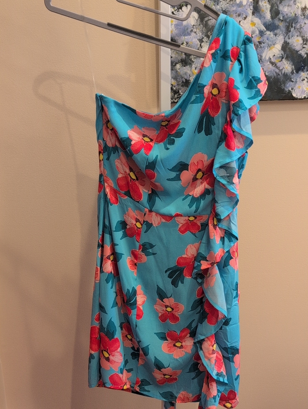 Turquoise One-Shoulder Floral Ruffle Dress